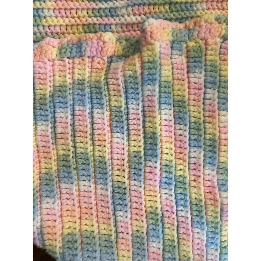 Baby  Crib Blanket Afghan Handmade Crochet‎ Knit Pastel Pink Blue Yellow Vintage